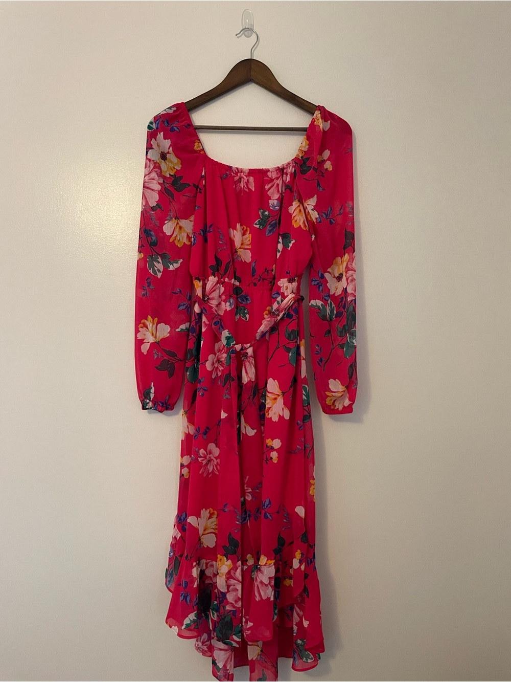 Kensie Floral Long Sleeve Square Neck Belted Casual Cottagecore Maxi Dress
